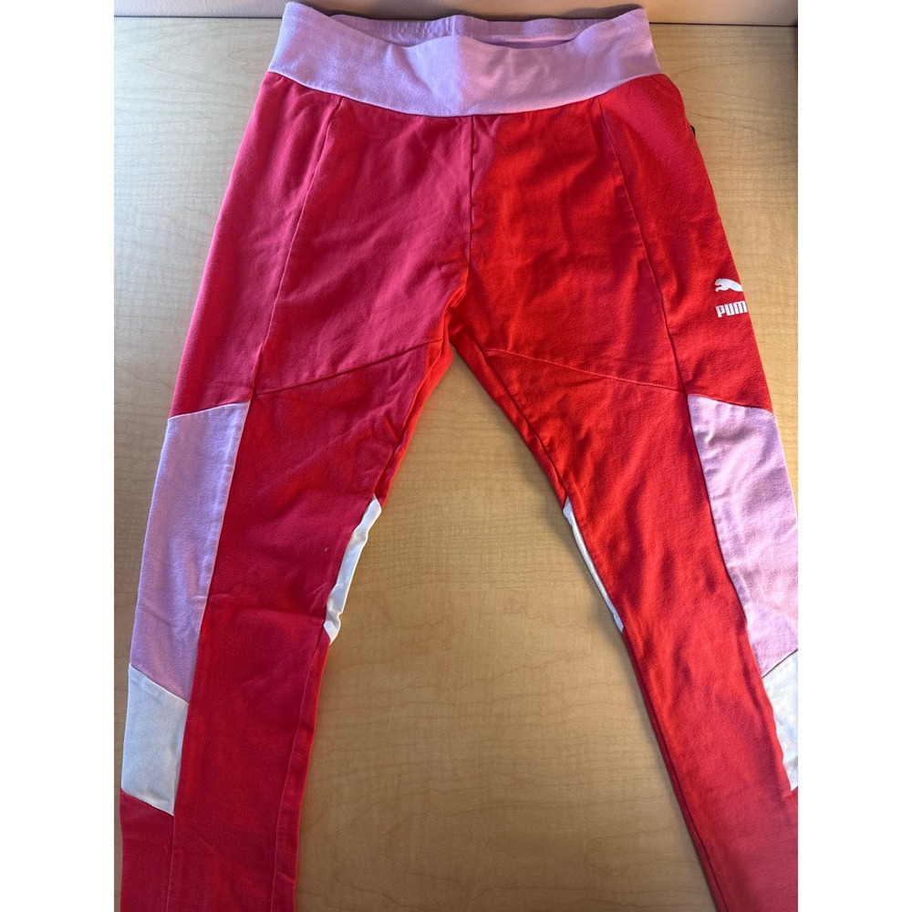 Puma Womens Colorblock Leggings Red Pink White Logo Athletic Pants‎ XS